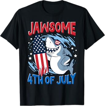 Jawsome 4th of July Outifts For Kids Boys Men Funny Shark T-Shirt