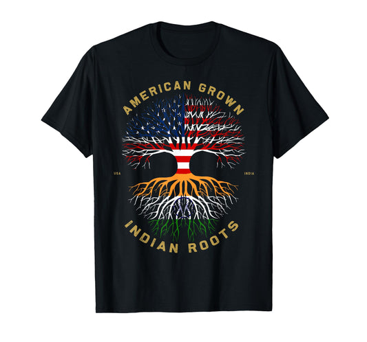 American Grown With Indian Roots Tree USA Flag Gifts Idea Women Kids Men T-Shirt