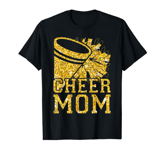 Cheer Mom Biggest Fan Cheerleader Black Yellow Pom Pom T-Shirt