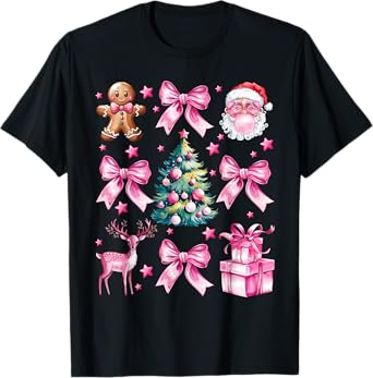 Cute Retro Coquette Bow Pink Christmas Tree Women Kids Girls T-Shirt