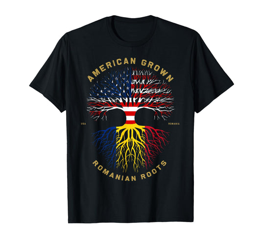 American Grown With Romanian Roots Tree USA Flag Gift T-Shirt
