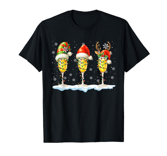 Three Santa Reindeer Elf Glasses Of Champagne Xmas Drunker T-Shirt