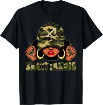 Sagittarius Queen Black Woman With Cap Camo Afro Girl Zodiac T-Shirt