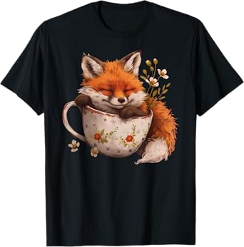 Cottagecore Floral Cute Fox Tea Cup Aesthetic Art Women Girl T-Shirt