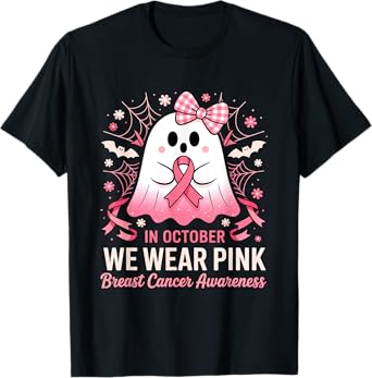 In October We Wear Pink Halloween Shirt Ghost Breast Cancer T-Shirt