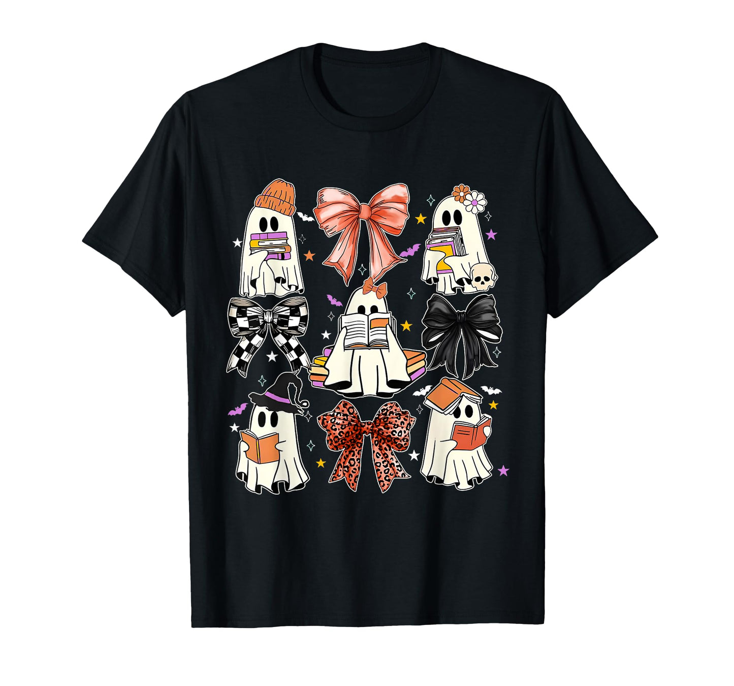 Ghost Reading Books Coquette Halloween Girls Boys T-Shirt
