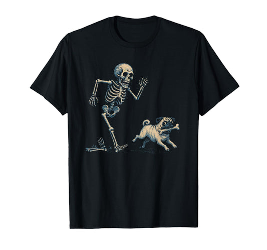 Funny Skeleton Chasing Pug Halloween Dog Mom Pug Lover T-Shirt