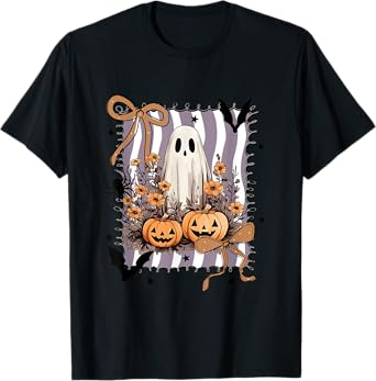 Preppy Floral Ghost Coquette Bow Spooky Season Halloween T-Shirt