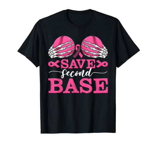 Save 2nd Base Breast Cancer Awareness Pink Ribbon Baseball T-Shirt