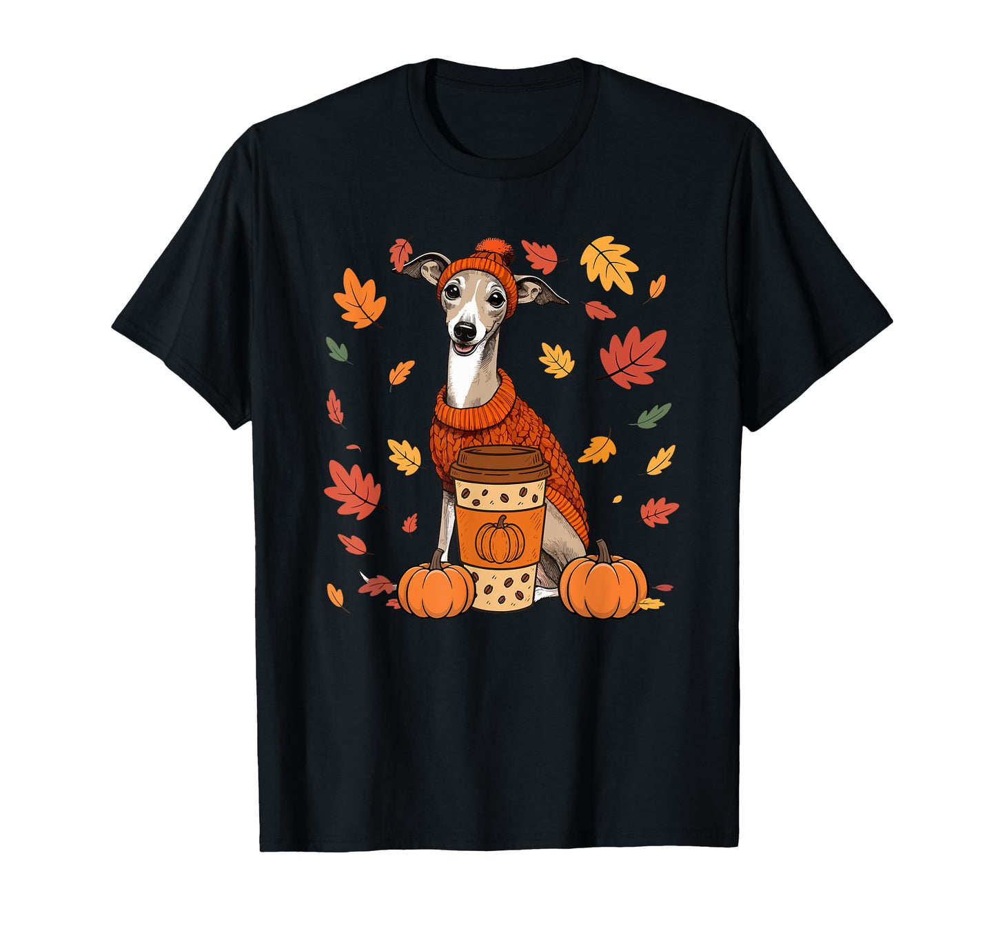 Whippets Wearing Sweater Coffee Thanksgiving Autumn Owner T-Shirt