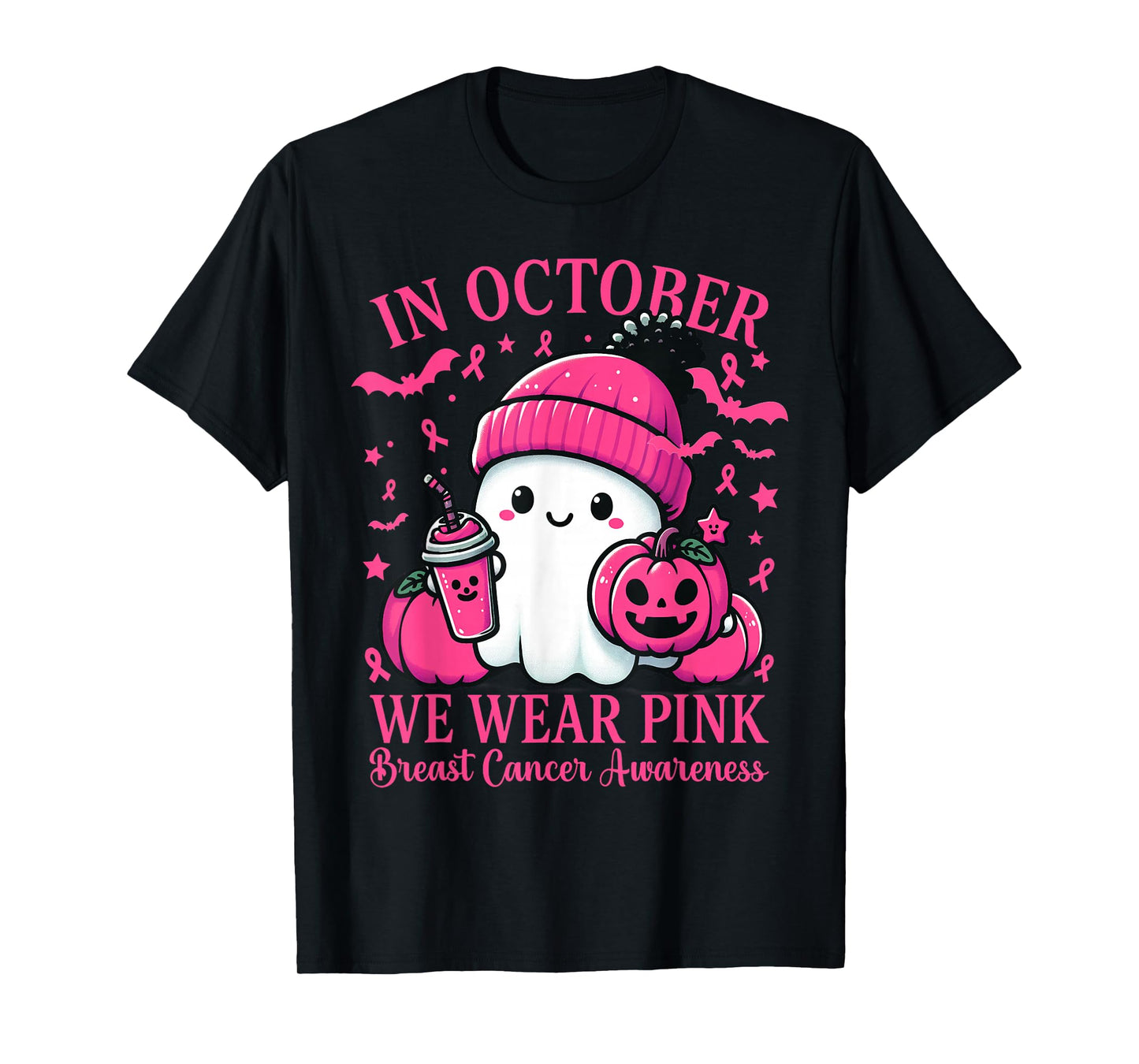 in October We Wear Pink Breast Cancer Boo Ghost Halloween T-Shirt