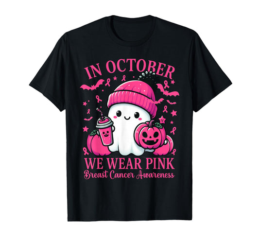 in October We Wear Pink Breast Cancer Boo Ghost Halloween T-Shirt