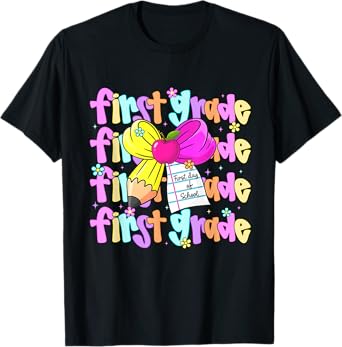 First Day Of First Grade Back To School Pencil Bow Kids Girl T-Shirt