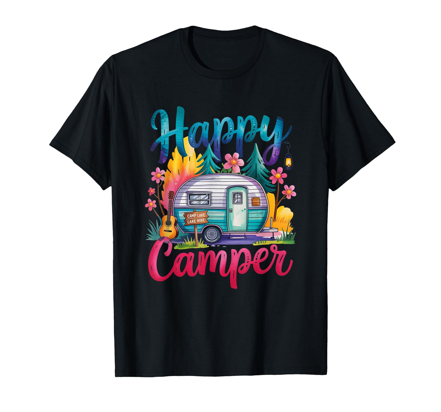 Funny Happy Camper Camping Apparel Trailer RV Kids Women T-Shirt