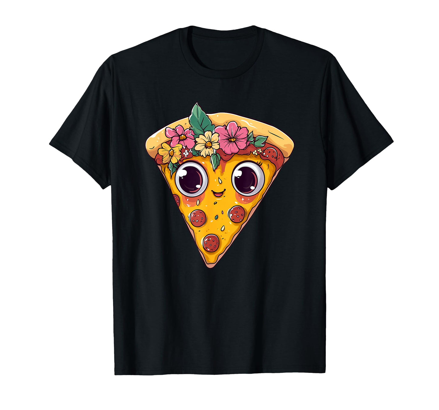 Cute Pizza Slice With Big Eyes Flowers T-Shirt