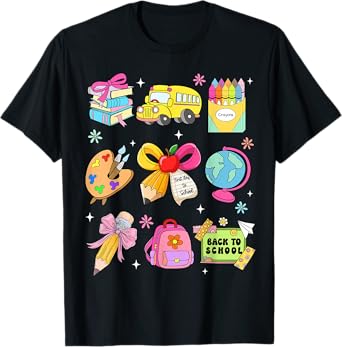 Back To School Cute Teacher Coquette Pencil Bow School Bus T-Shirt