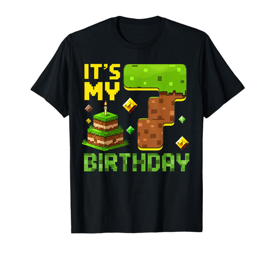 7th Birthday Boy Video Gamer Pixel Number Seven Bday Party T-Shirt