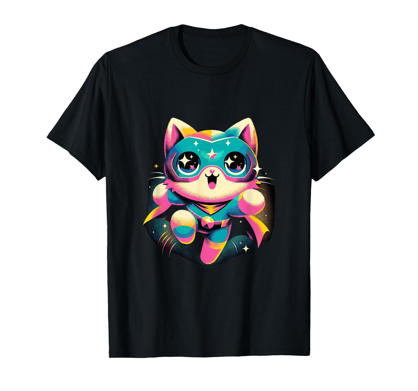 Kawaii Cat Hero - Cute Anime Superhero T-Shirt, Small, Black