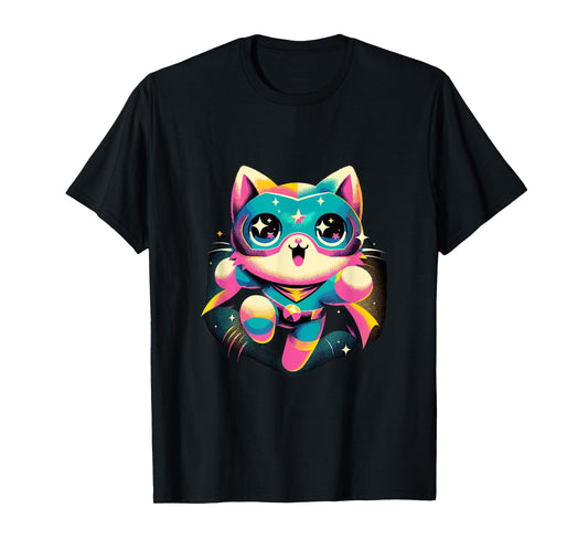 Kawaii Cat Hero - Cute Anime Superhero T-Shirt, Small, Black