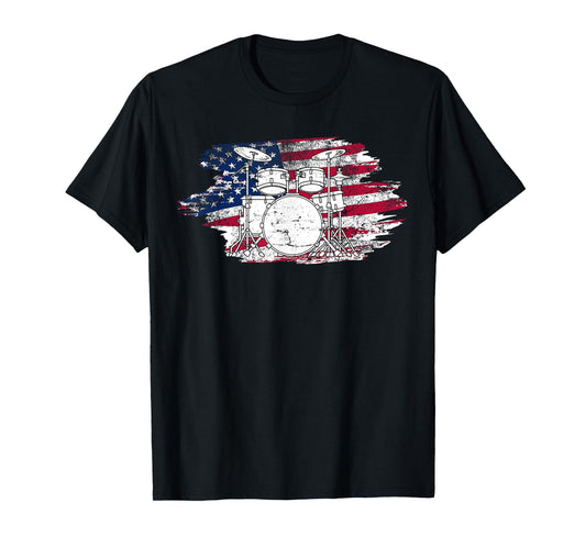 Cool Drummer Art For Men Women America US Flag Drum Set T-Shirt