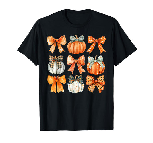 Coquette Bow Pumpkin Season Thanksgiving Autumn Fall Leaves T-Shirt