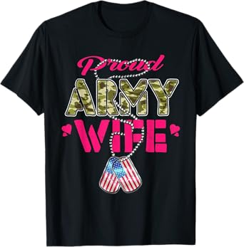 Proud Army Wife Camo US Flag Dog Tags Pride Military Spouse T-Shirt