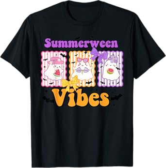 Funny Summerween Vibes Cute Ghost With Watermelon Coquette T-Shirt