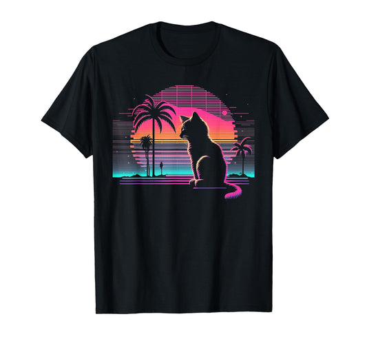 Cat Vaporwave Retrowave Aesthetic Synthwave 80s Palm Tree T-Shirt