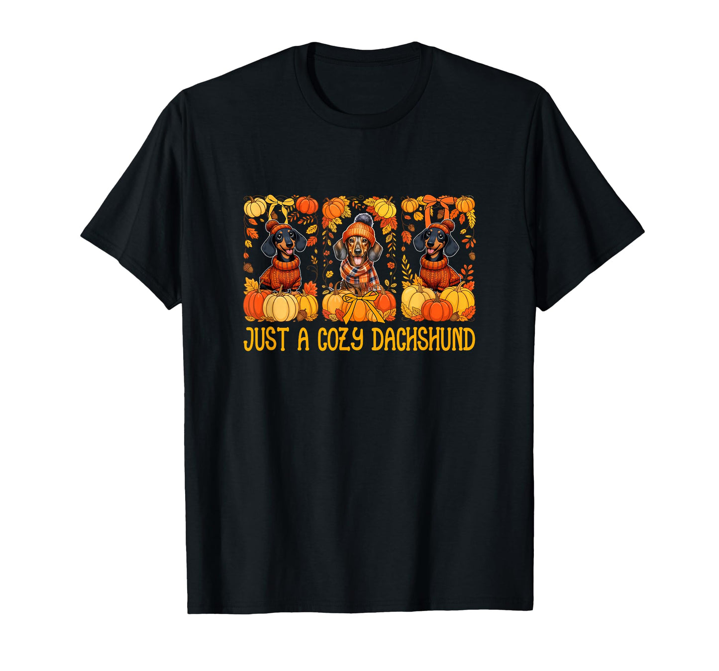 Just A Cozy Cute Dachshund Thanksgiving Fall Three Cute Dogs T-Shirt