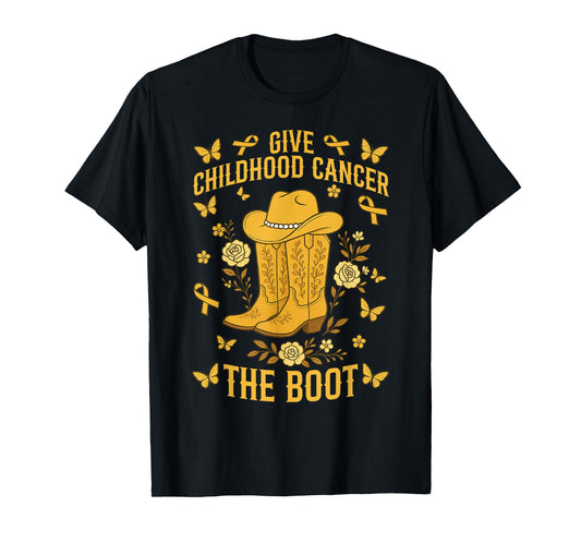 Vintage Give Childhood Cancer The Boot Cowgirl Gold Ribbon T-Shirt