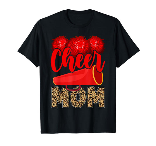 Cheer Mom Biggest Fan Leopard Print Black And Red Pom Pom T-Shirt