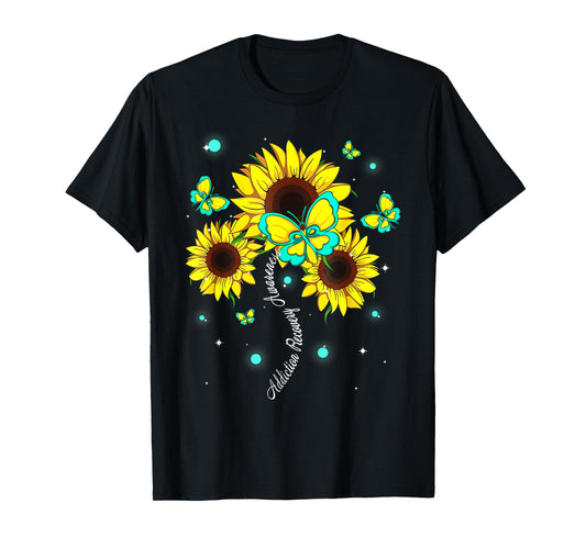 Addiction Recovery Awareness Sunflower Butterfly Ribbon T-Shirt