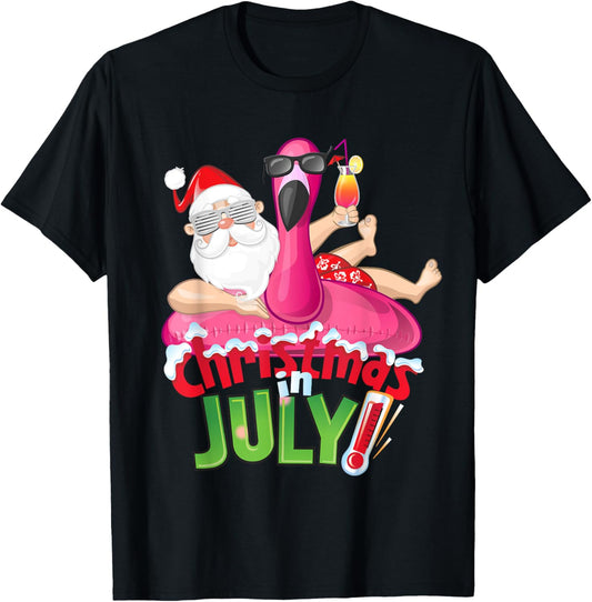 Funny Christmas in July Shirt Summer Flamingo Float Xmas T-Shirt