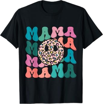 Retro Leopard Mama Groovy Face Trendy New Mom T-Shirt
