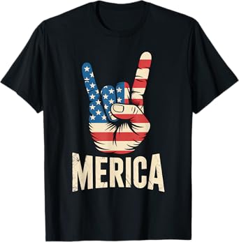 Merica Rock Sign 4th of July Vintage American USA Flag Retro T-Shirt