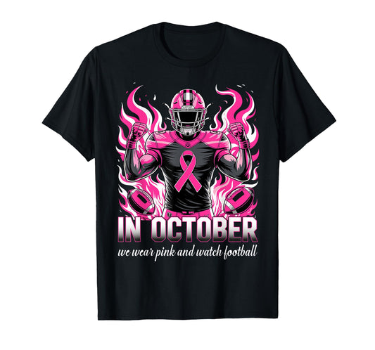 in October We Wear Pink Football Breast Cancer Awareness T-Shirt