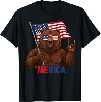 Bear Rock On 4th of July USA Flag Independence Day Graphic T-Shirt