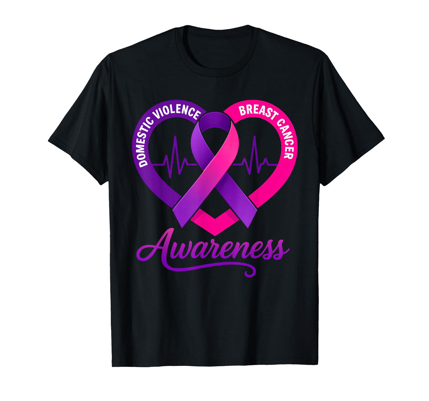 Domestic Violence Breast Cancer Awareness Ribbon Heartbeat T-Shirt