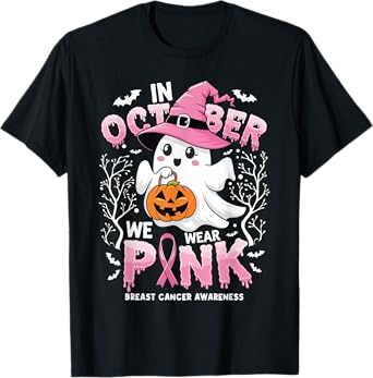 In October We Wear Pink Ghost Witch Breast Cancer Awareness T-Shirt