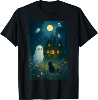 Vintage Floral Ghost Black Cat Halloween Ghost Spooky Gothic T-Shirt