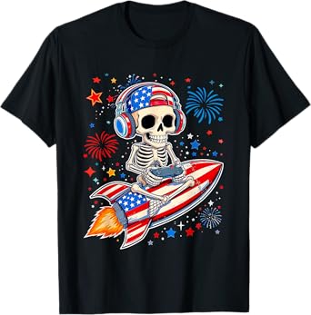 Skeleton Gamer 4th of July American Flag Gaming Boys Kids T-Shirt