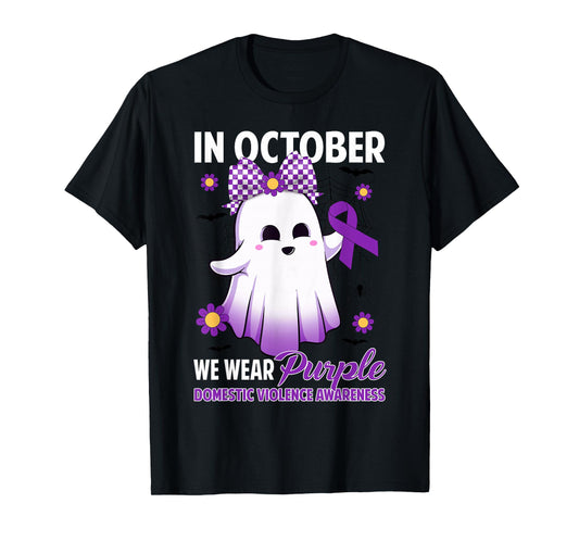 in October We Wear Purple Domestic Violence Halloween Ghost T-Shirt