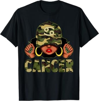 Cancer Queen Black Woman With Cap Camo Afro Girl Zodiac T-Shirt