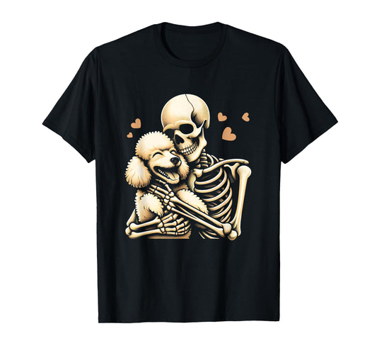 Skeleton Hugging Dog Halloween Poodle Lover Dog Mom Dad T-Shirt