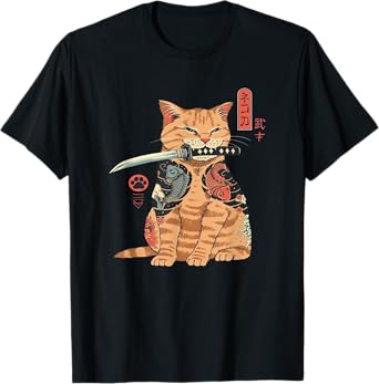 Alexamerch Cats Japanese Samurai Ninja Cat Kawaii Tattoo Graphic T-Shirt - Kids, Anime Fans, Casual Wear Lovers - Unisex - Black - Small - Short Sleeve - Classic Fit - Cotton, Polyester