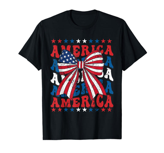 American Coquette Bow Patriotic USA Flag Happy 4th Of July T-Shirt