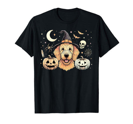 Halloween Goldendoodle and Pumpkins Bats Moon Spooky Holiday T-Shirt