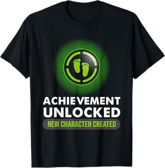 Cute Pregnant Announcement Gamer Dad Mom Designs Funny Achievement Unlocked New Character Created Pregnancy T-Shirt - Unisex-Adults, Kids - Black - Short Sleeve - S - Medium