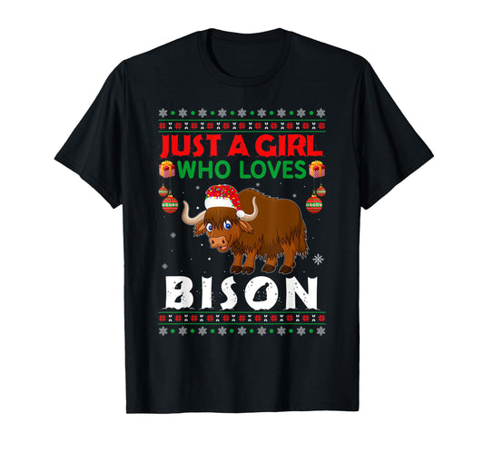 Just A Girl Who Loves Bison Matching Christmas Pajamas T-Shirt