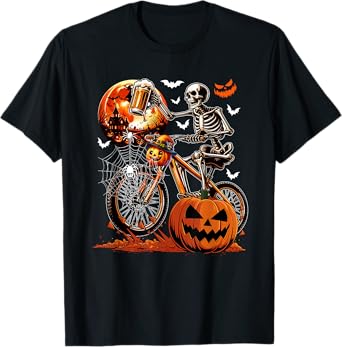 Skeleton Drinking Beer On Bicycle Halloween Carved Pumpkins T-Shirt